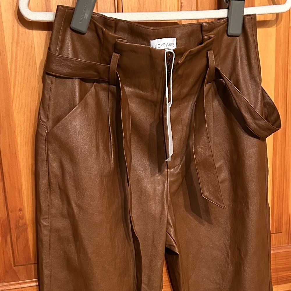 02 NWT Lucy Paris Faux Leather Cognac Belted Pants